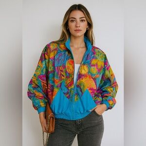 Vintage Lily's of Beverly Hills Multicolor Abstract Windbreaker Jacket Size P